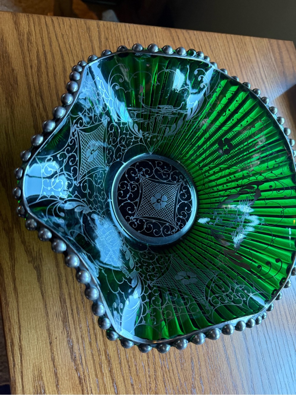 Vintage Murano Venetian Silver Green Etched Glass Decorative Bowl